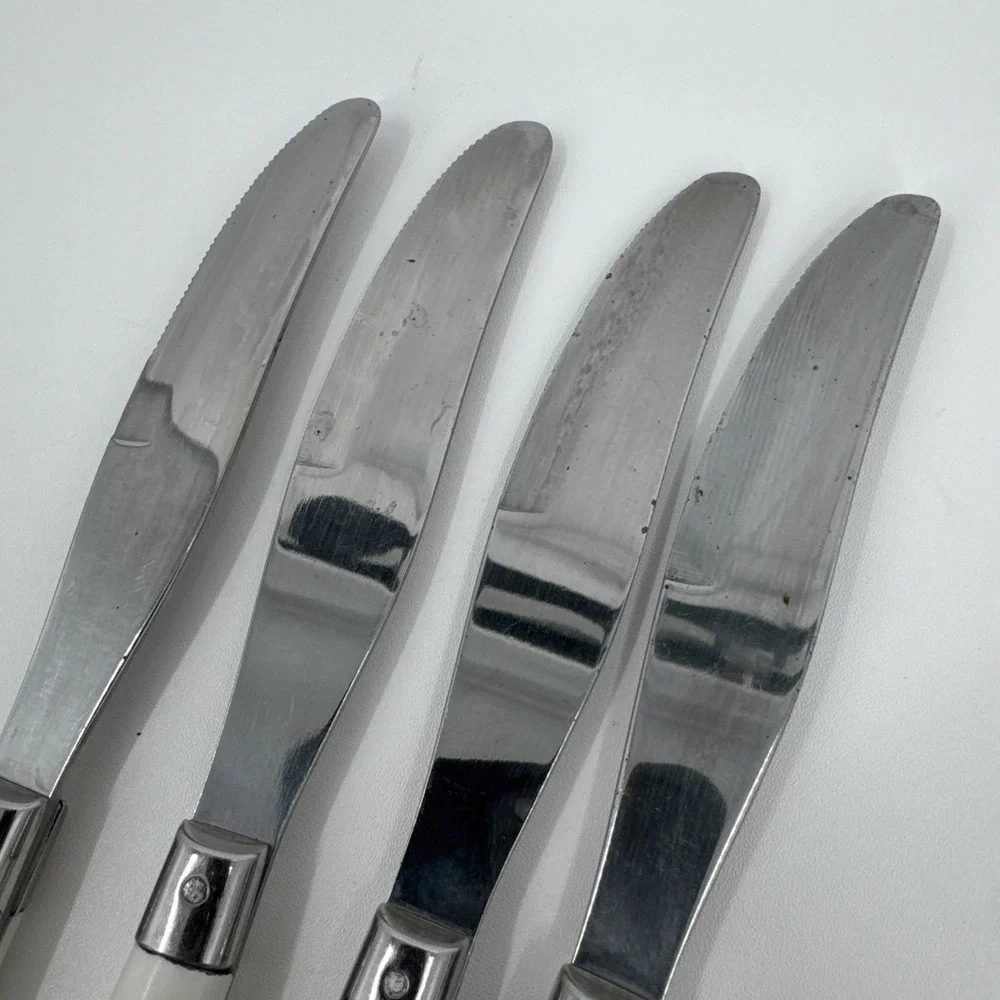 WF Mardi Gras Knives Stainless Riveted Handles White Lot‎ 4 Flatware
